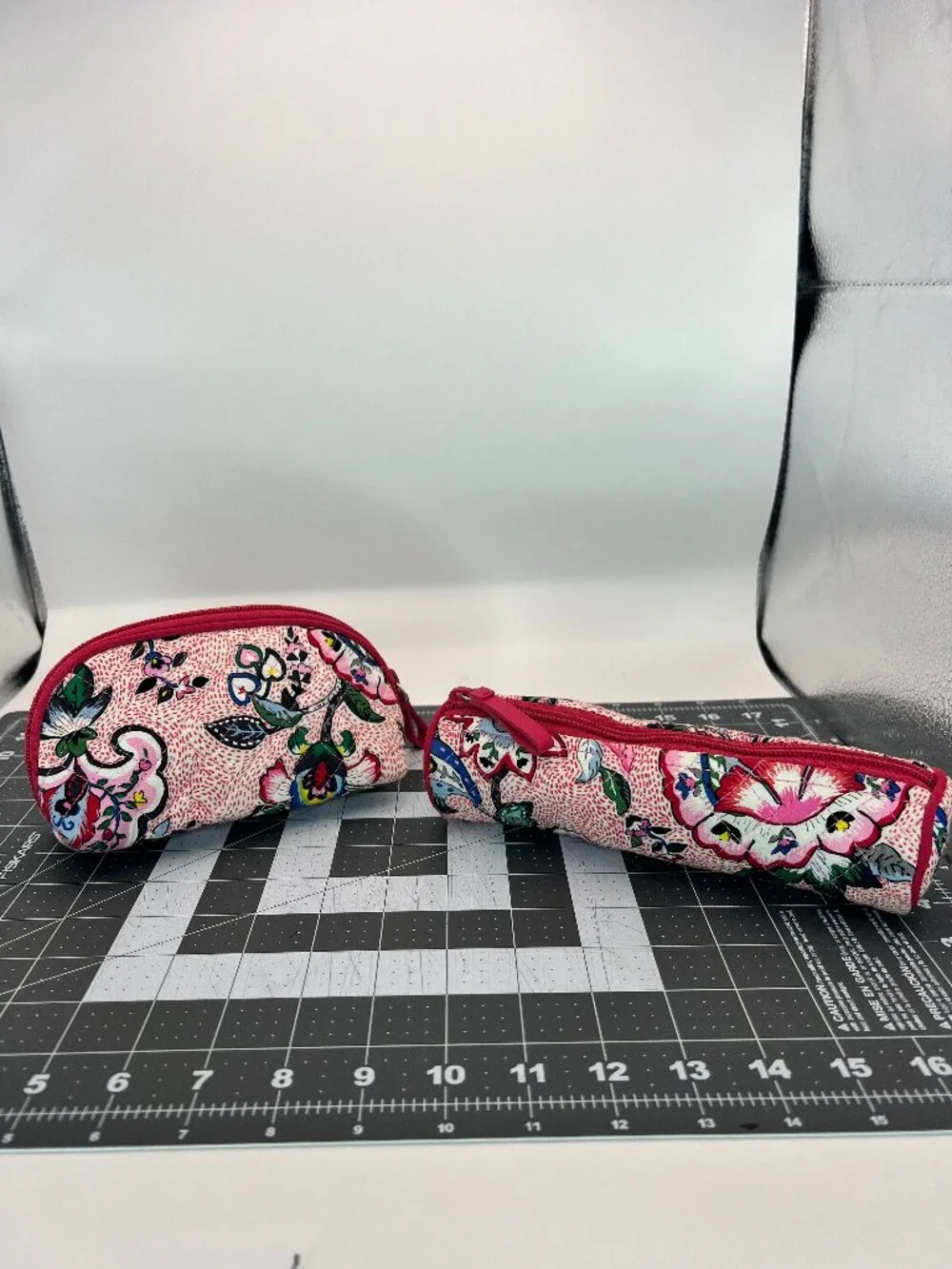 Vera Bradley Stitched Flowers Retired Clamshell Cosmetic Bag & Pencil Brush Case